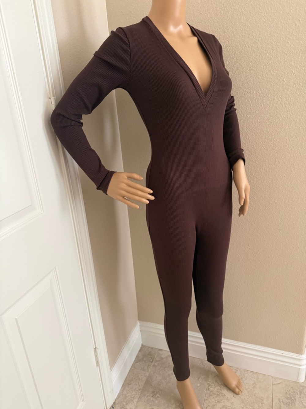 Fashion Nova Chocolate Ribbed V-Neck Jumpsuit